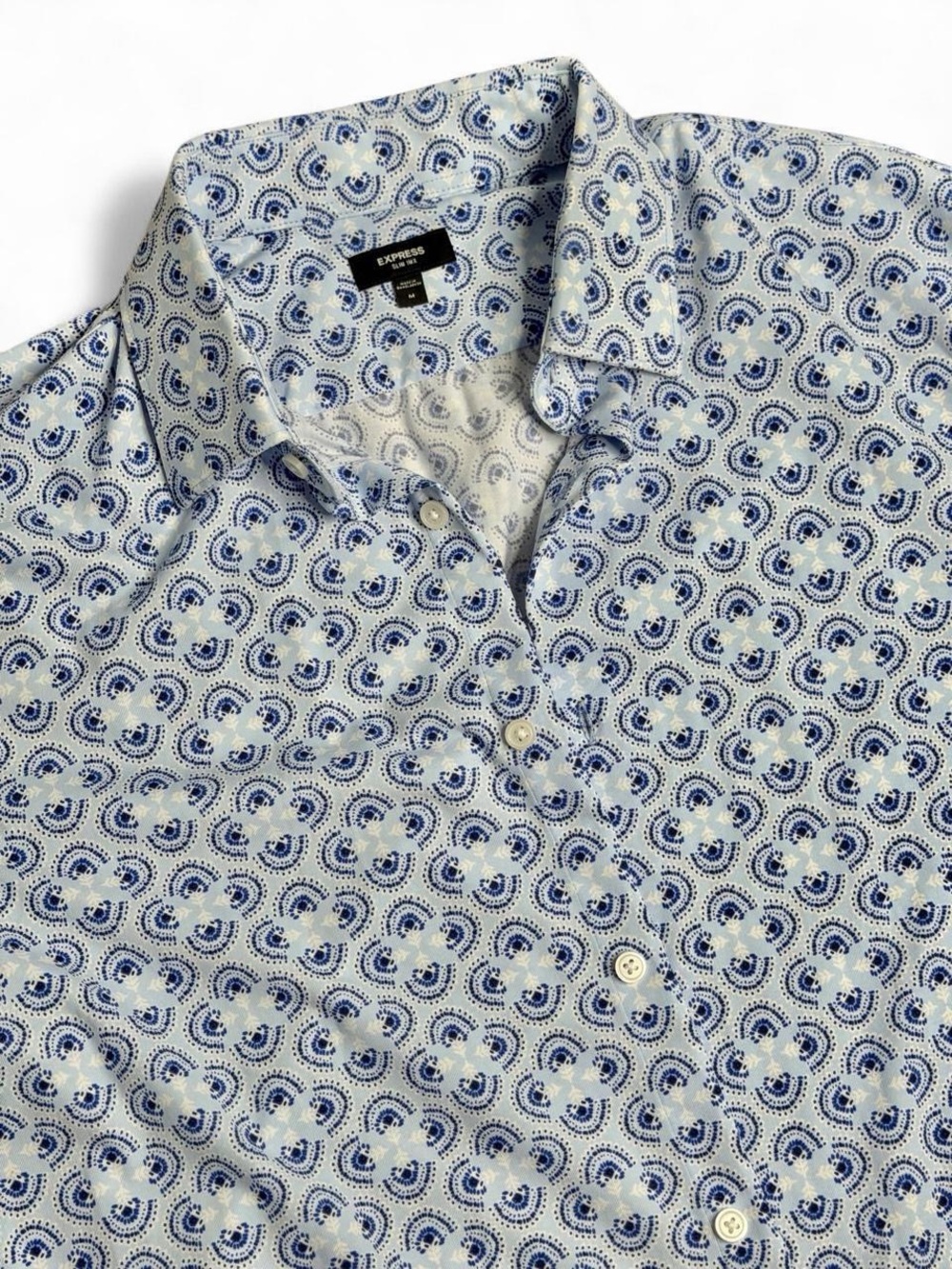 Express 1MX Blue & White Half Circle Print Button Up Shirt Men’s Medium